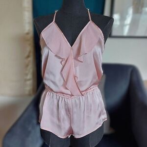 Vtg baby pink faux wrap ruffle trim romper